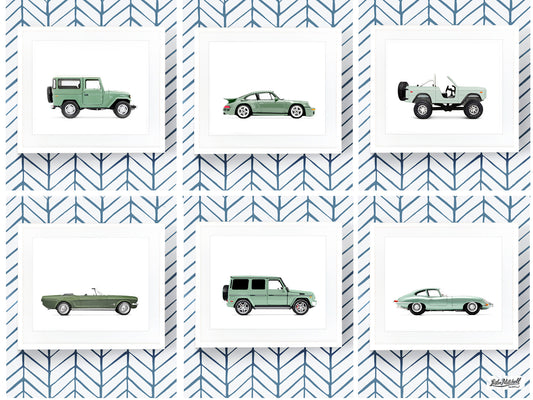 Sage Green Classic Car Art Prints - Set of Six