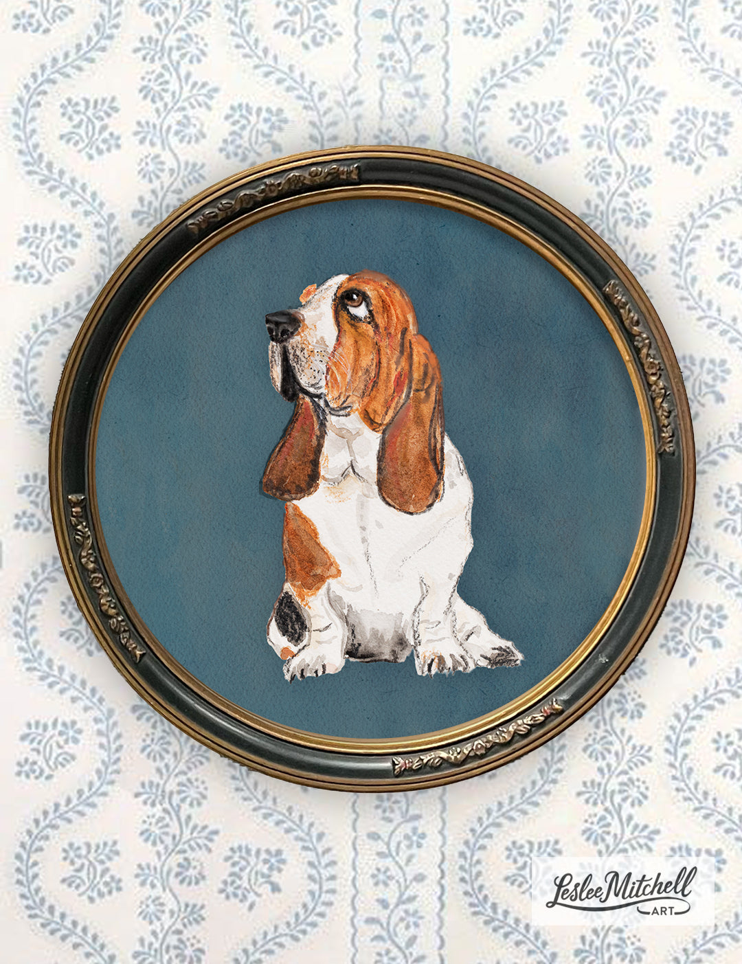 Basset Hound Giclèe Print in Round Antique Frame