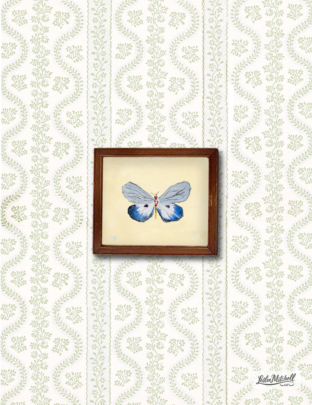 Blue Gray Yellow Butterfly Giclèe Print on Yellow Miniature Wooden Antique Frame