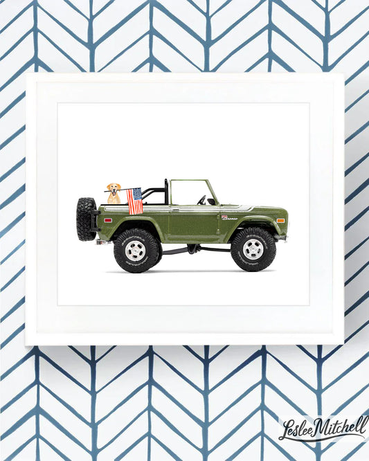 Car Series - Yellow Lab Lifted Green Bronco American Flag