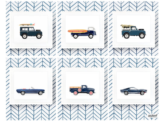 Navy Classic Car Art Prints - Set of Six