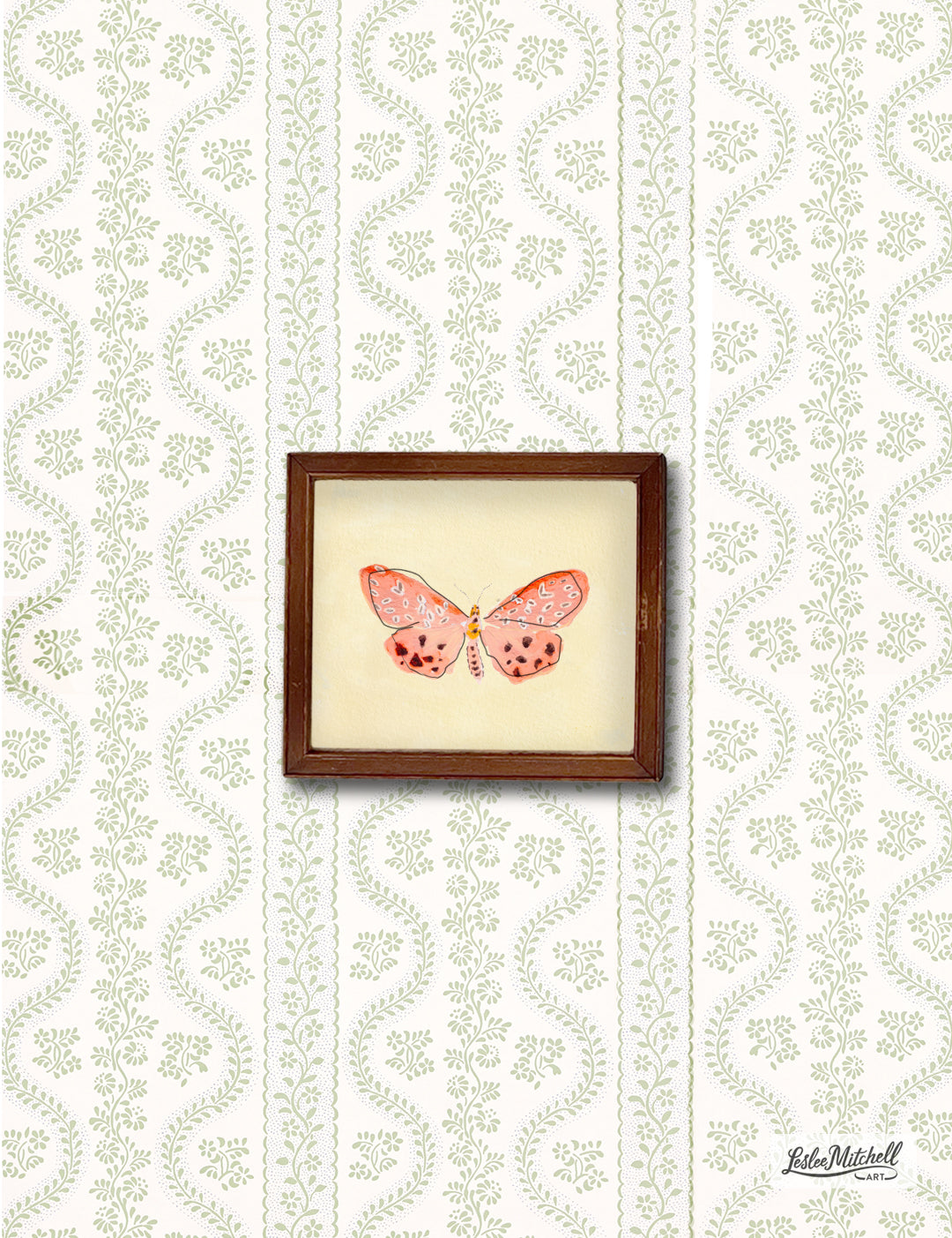 Coral Butterfly Giclèe Print on Yellow Miniature Wooden Antique Frame