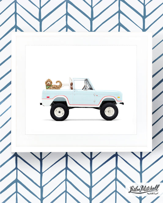 Car Series - Goldendoodle Green Bandana Lifted Blue Bronco