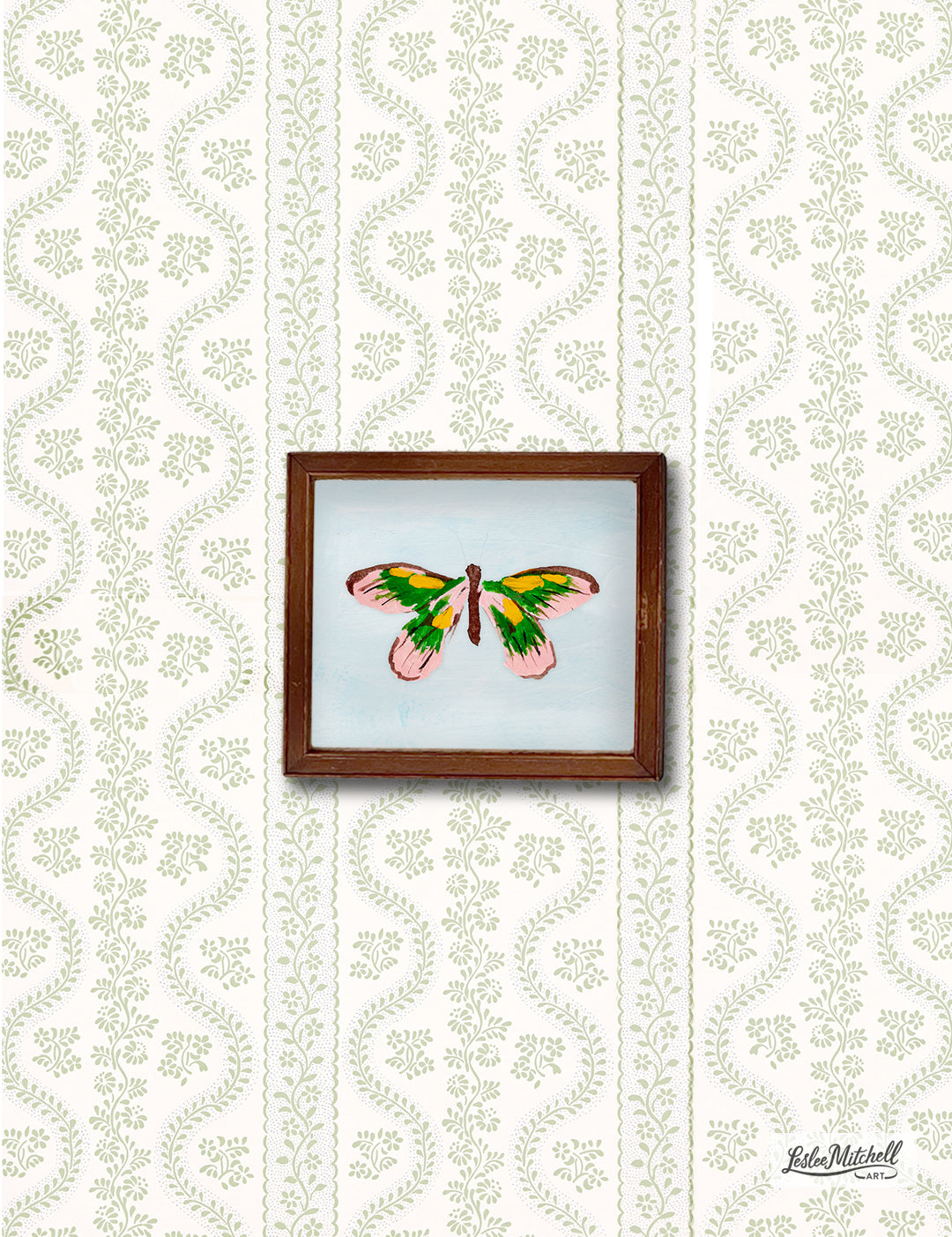 Yellow and Green Butterfly On Blue Giclèe Print Miniature Wooden Antique Frame
