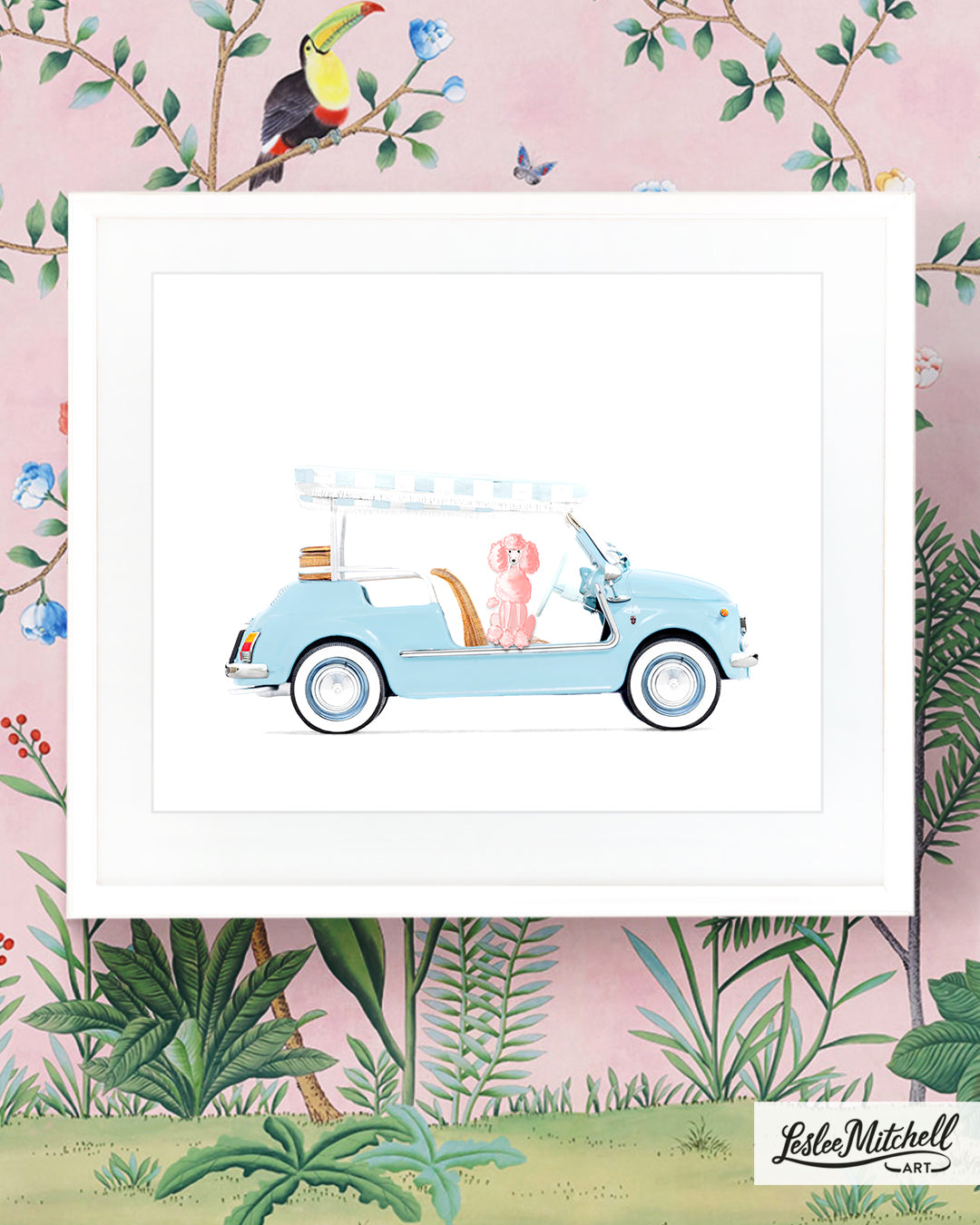 Car Series - Pink Standard Poodle in Powder Blue Fiat Jolly