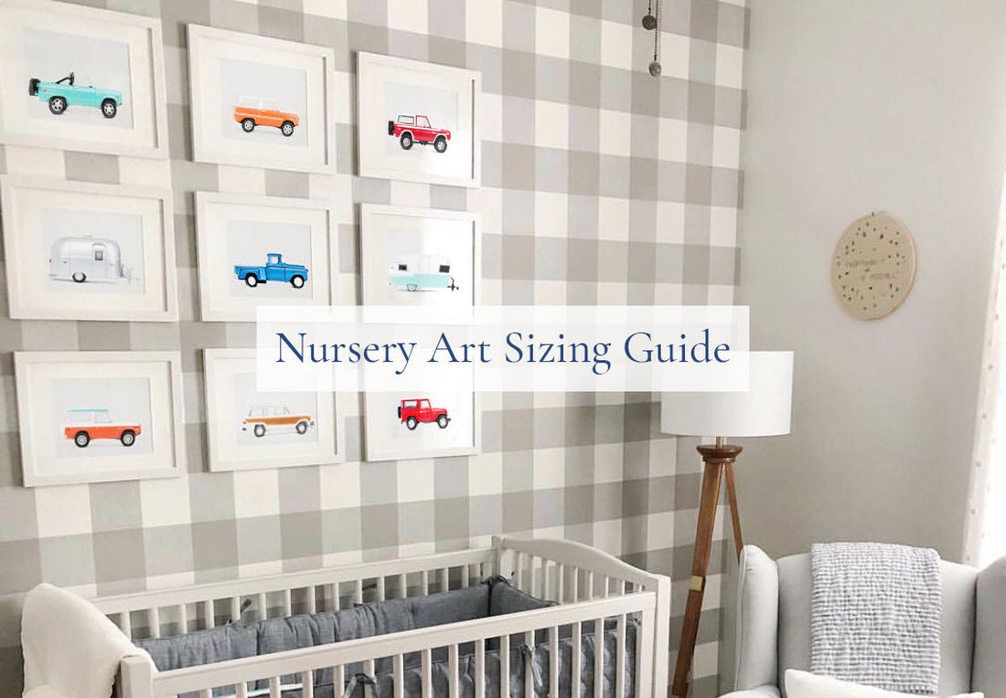 A curated 9-piece gallery wall of vintage car art prints in white frames styled over a modern white crib with blue and white gingham wallpaper.