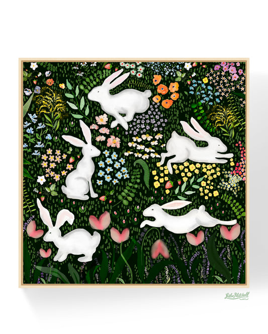 30" x 30" Giclée Print Floral Bunnies Dark