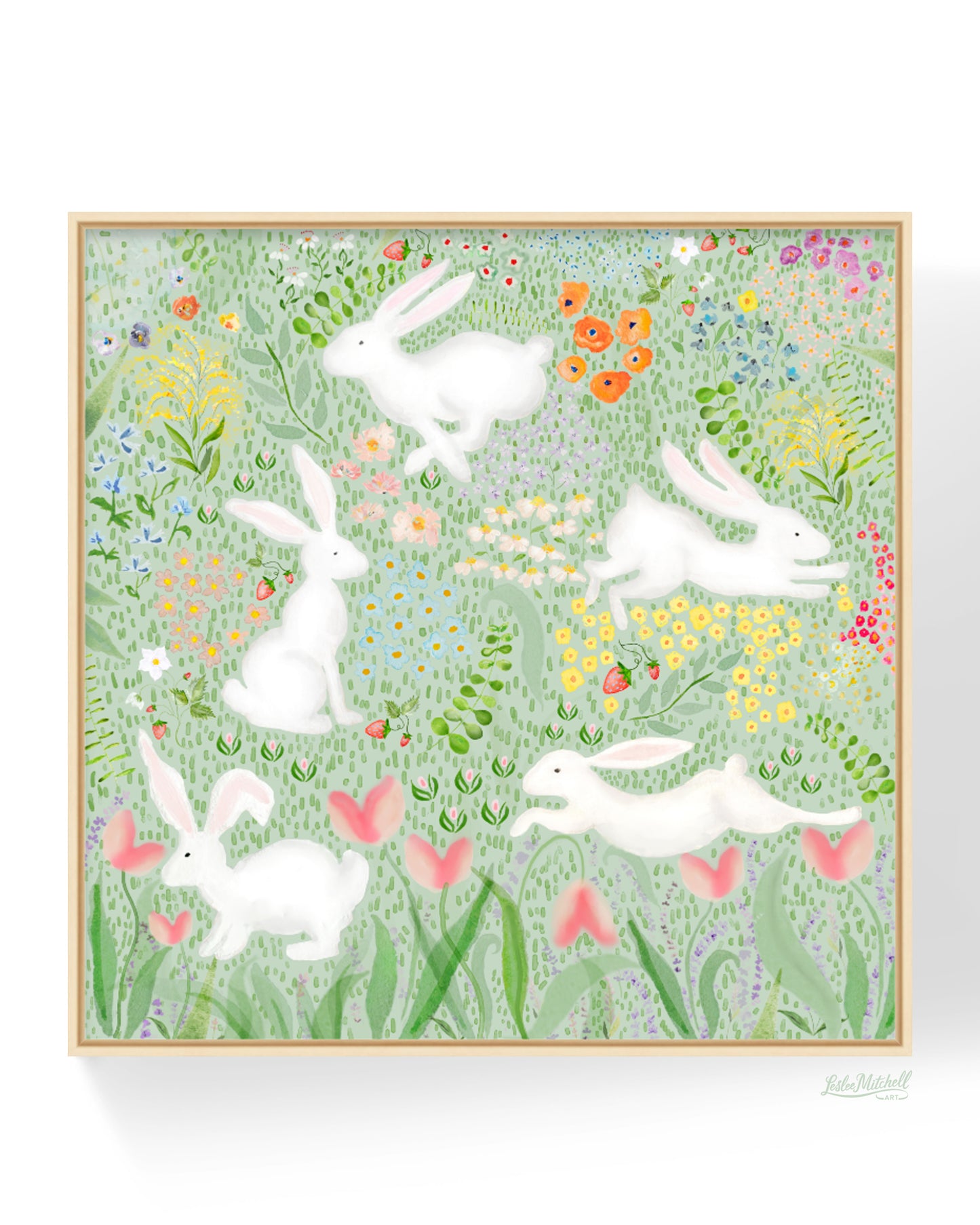 30" x 30" Giclée Print Floral Bunnies Mint