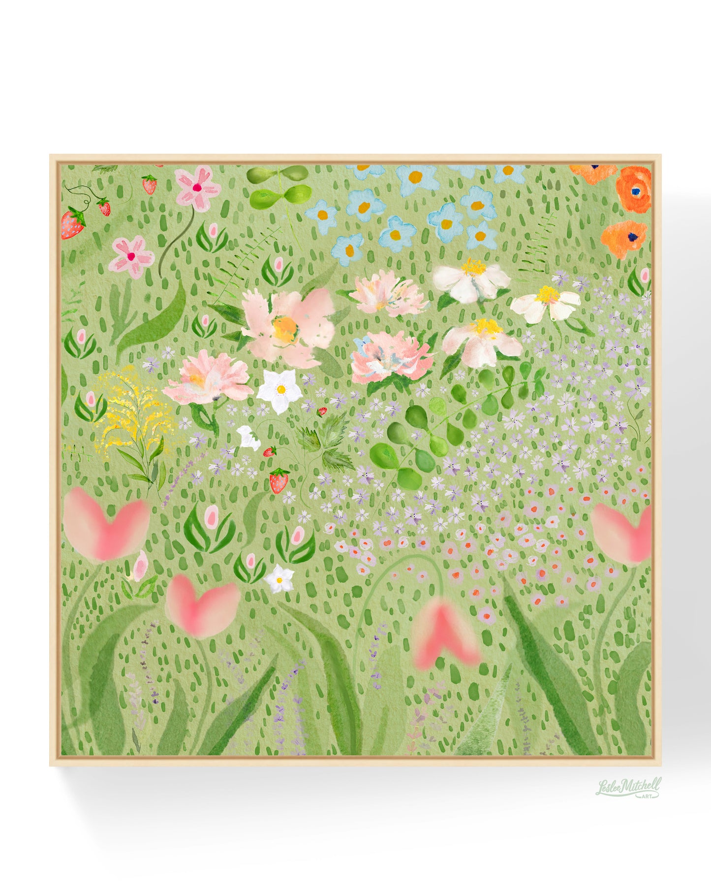 30" x 30" Giclée Print Florals On Green