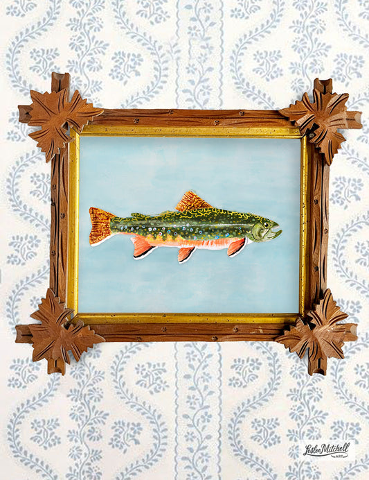 Brook Trout Tramp Art Frame On Blue Giclèe Print