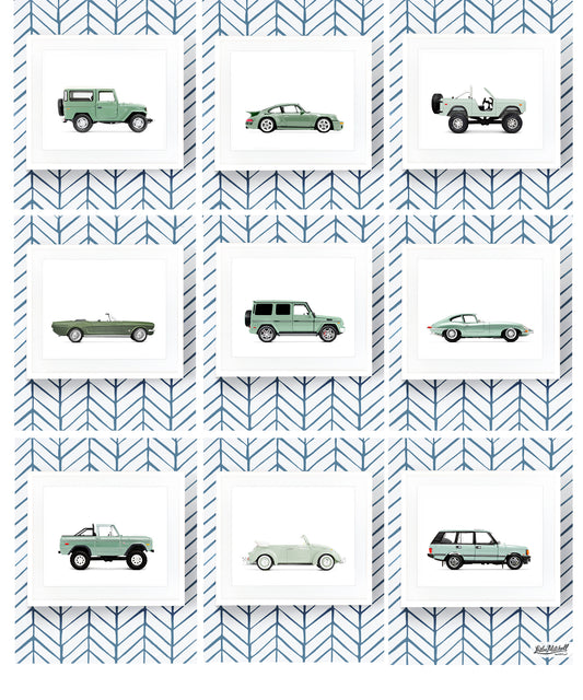 Set of Nine - Sage Green Classic Car Art Prints