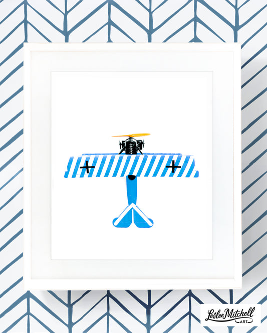 Airplane Series -Blue and White Striped Airplane Overhead