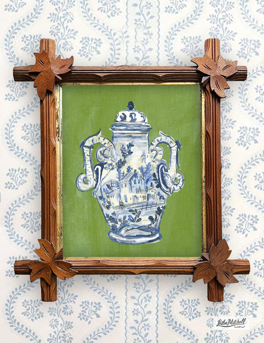 Antique Blue and White Lidded Italian Vase Giclèe Print in Adirondack Frame