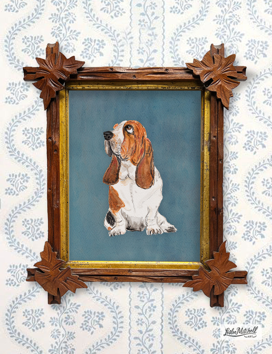 Basset Hound Gicleé Art Print - Antique Tramp Art Frame