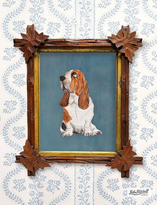 Basset Hound Gicleé Art Print - Antique Tramp Art Frame