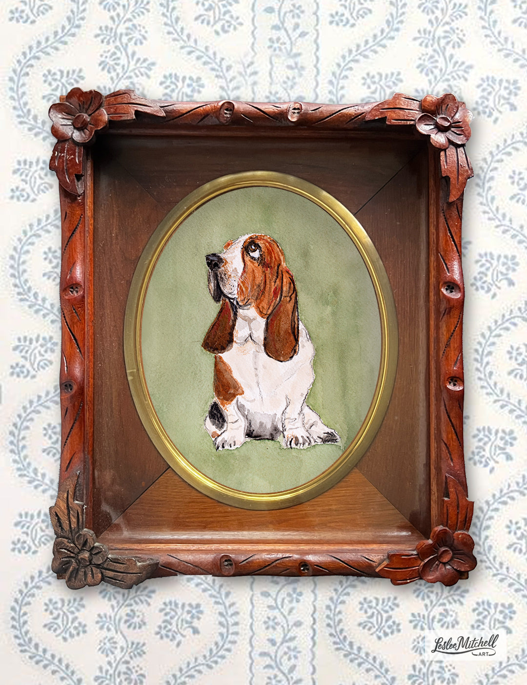 Basset Hound Watercolor Giclèe Print in Antique Carved Walnut Shadow Box Frame