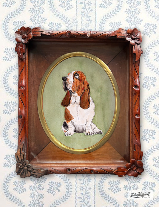Basset Hound Watercolor Giclèe Print in Antique Carved Walnut Shadow Box Frame