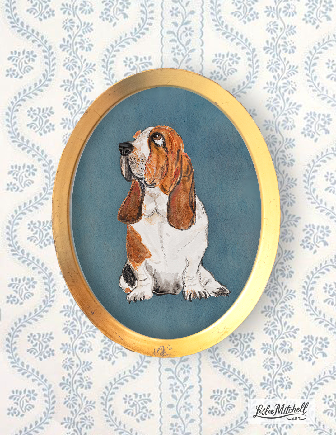 Basset Hound Giclèe Print in Antique Oval Gilded Frame