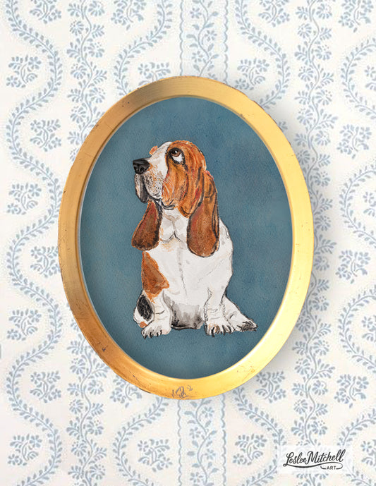 Basset Hound Giclèe Print in Antique Oval Gilded Frame