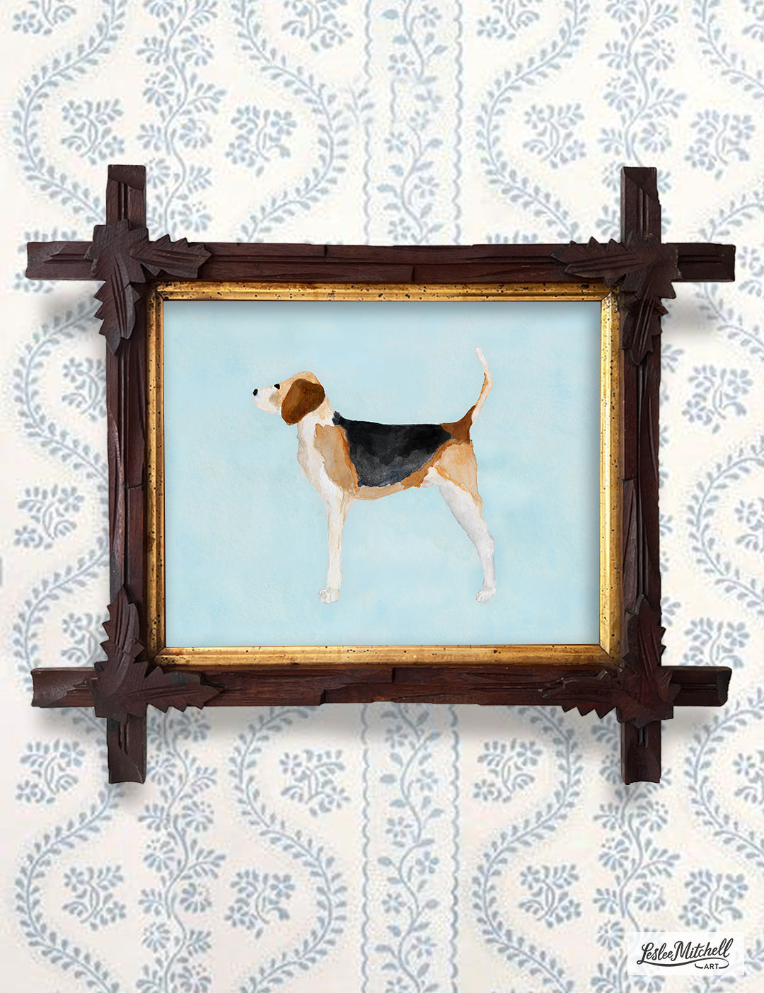 Beagle Giclèe Print in Antique Adirondack Wood Frame