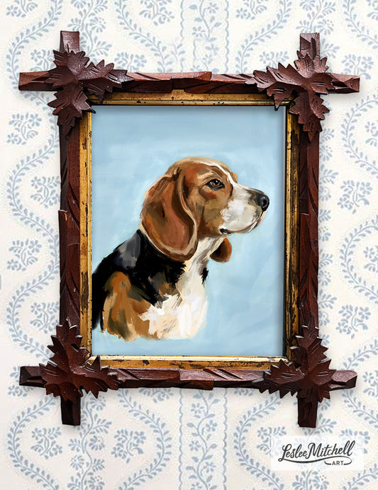 Beagle Giclèe Print in Antique Tramp Art Frame
