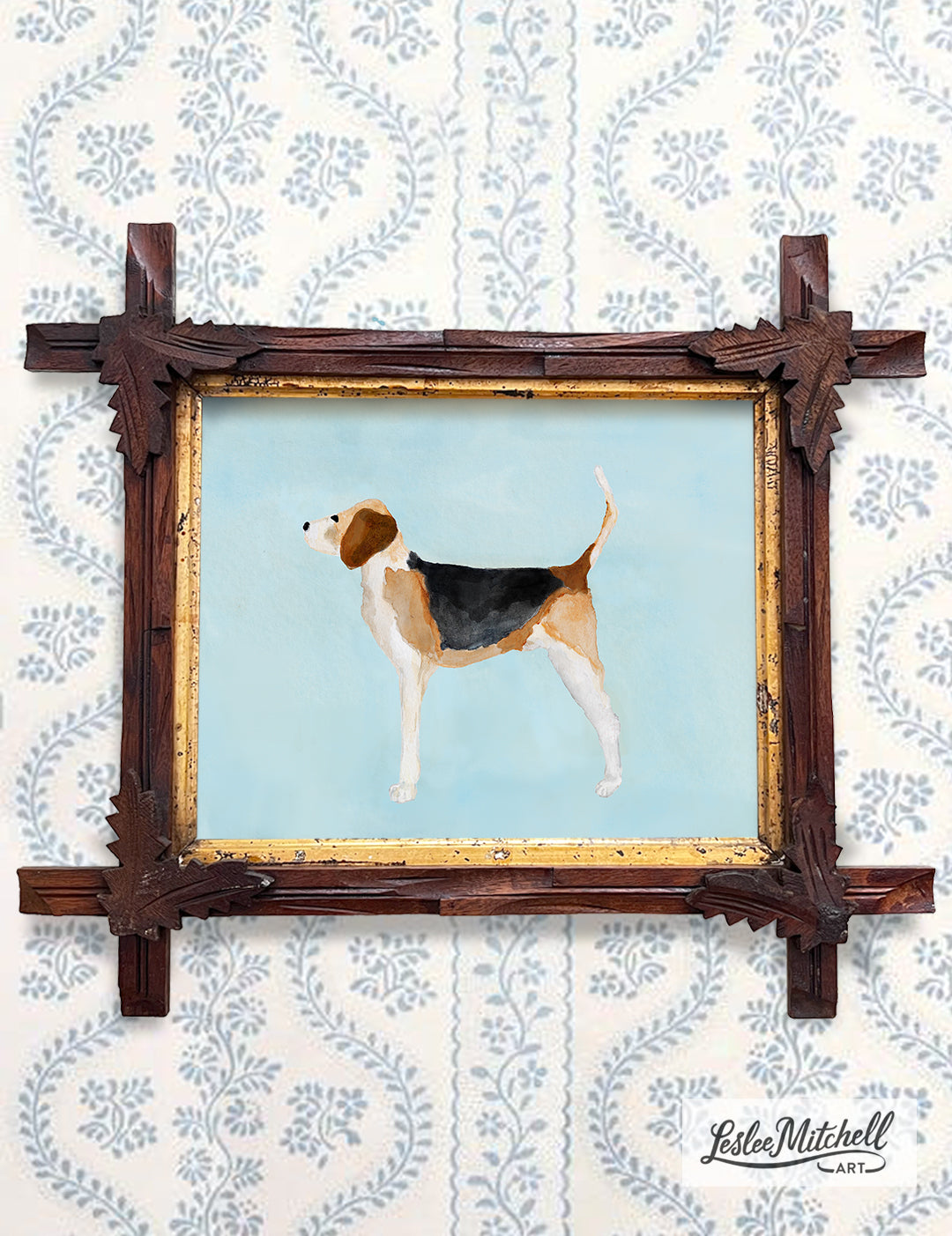 Beagle Tramp Art Antique Frame On Blue Giclèe Print