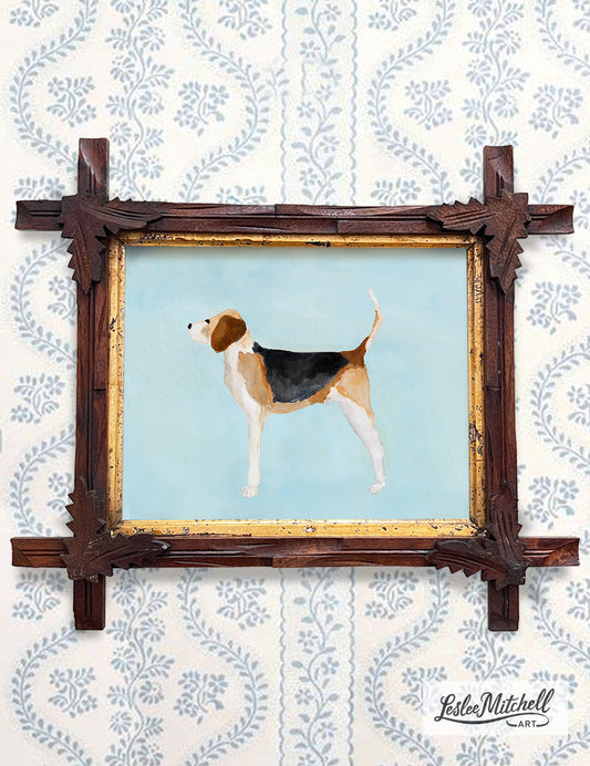 Beagle Tramp Art Antique Frame On Blue Giclèe Print