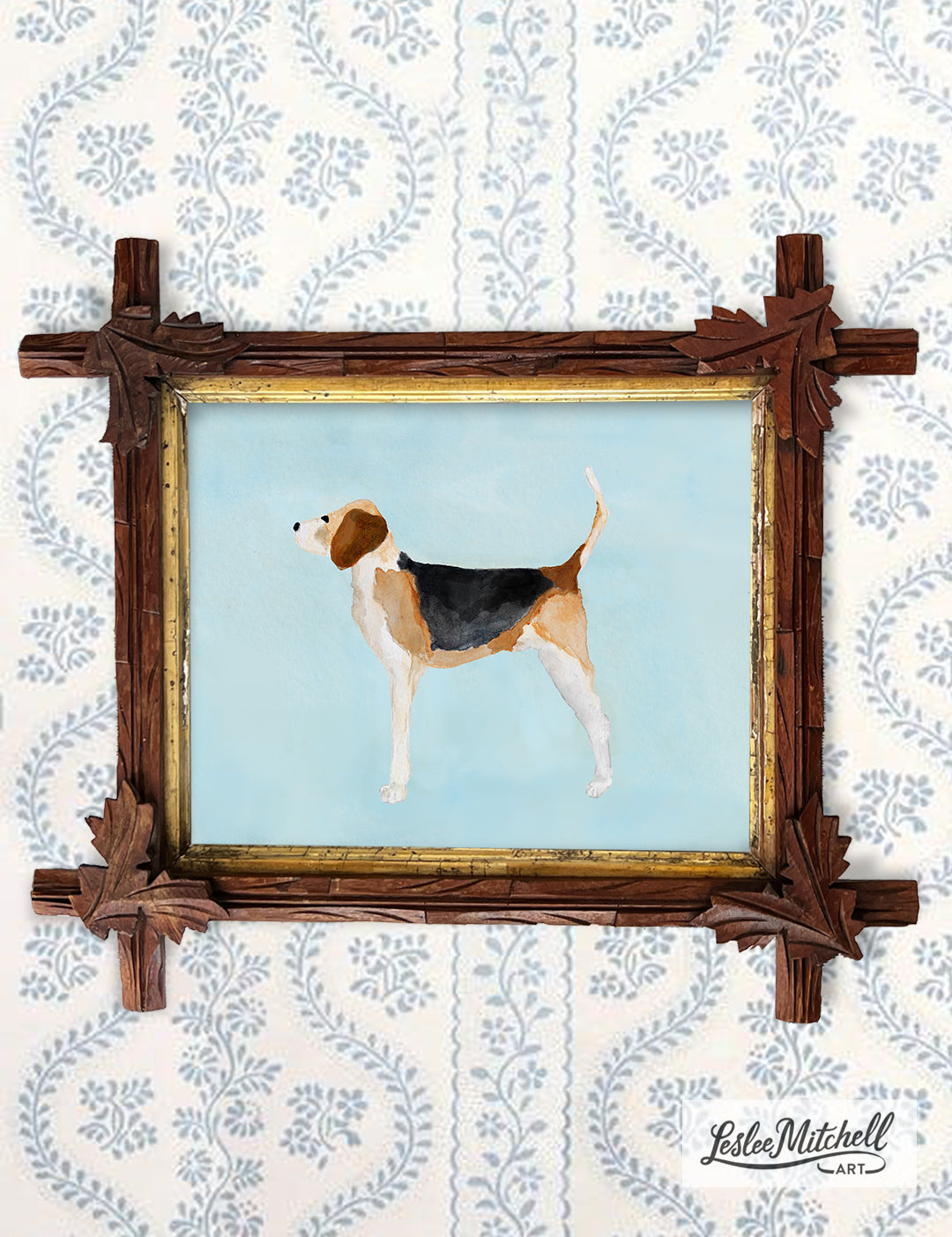 Beagle Tramp Art Antique Frame On Blue Giclèe Print