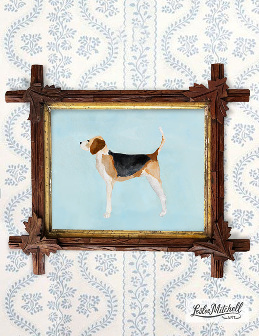 Beagle Tramp Art Antique Frame On Blue Giclèe Print