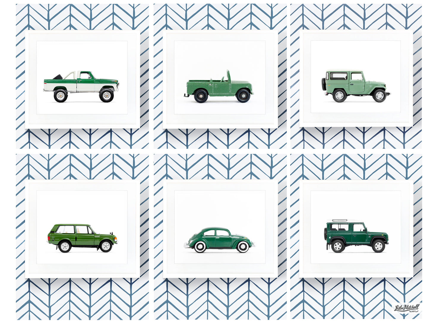 Set of Six - Green Classic Car Art Prints