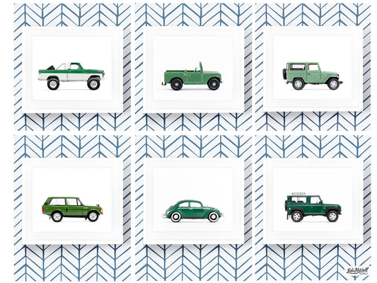 Set of Six - Green Classic Car Art Prints