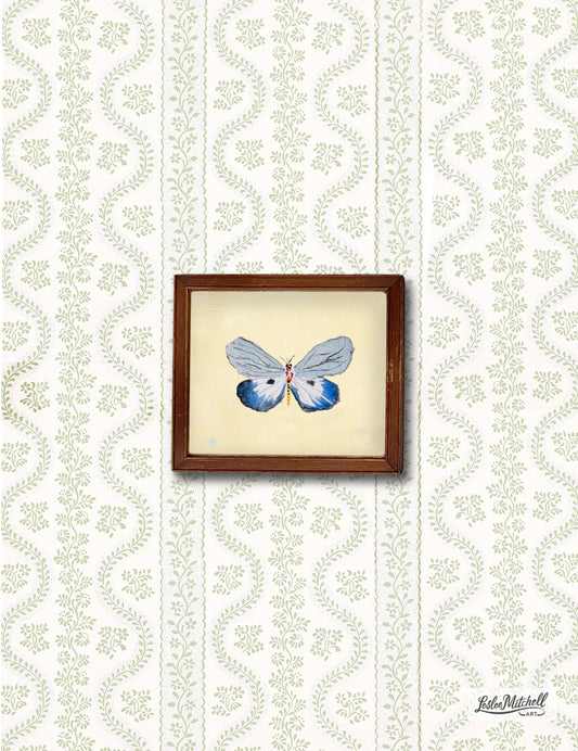 Blue Gray Yellow Butterfly Giclèe Print on Yellow Miniature Wooden Antique Frame