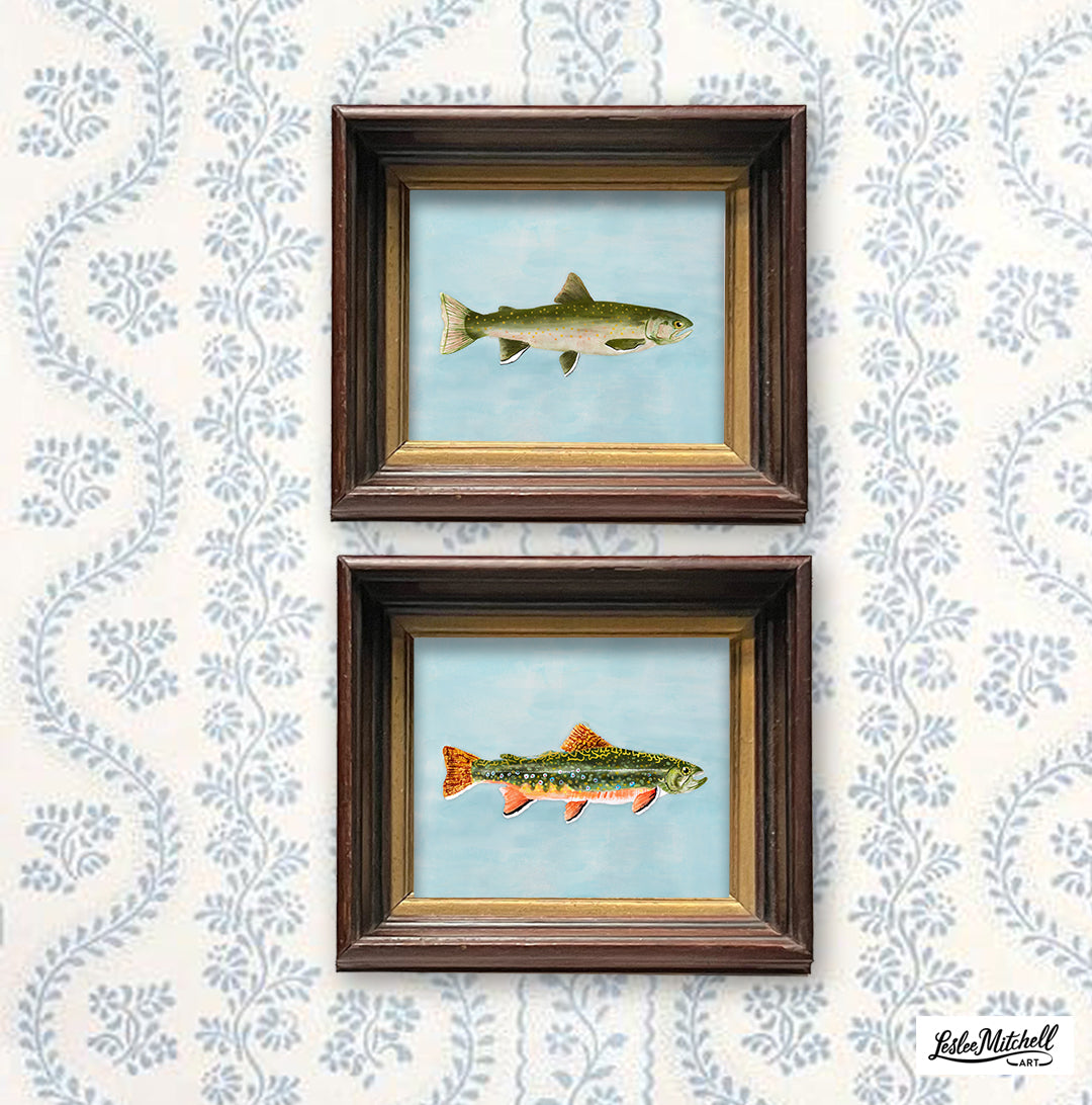 Trout Pair Giclèe Print in Rare Size Walnut Deep Antique Frames Gold Gilt