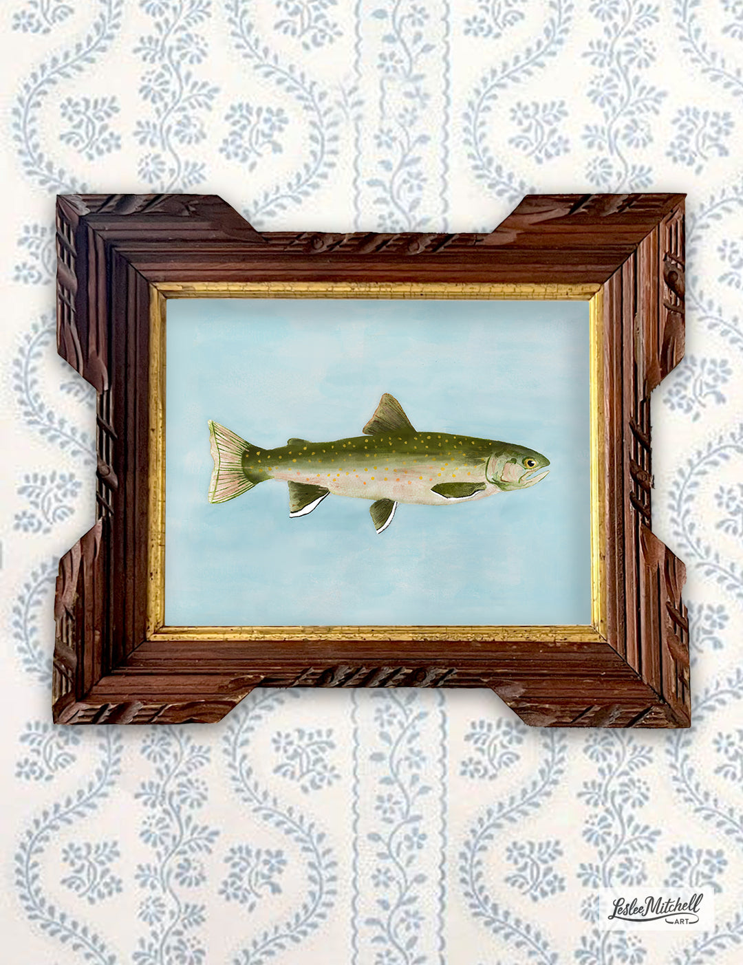Bull Trout Watercolor Giclèe Print in Antique Black Forest Carved Wood Frame