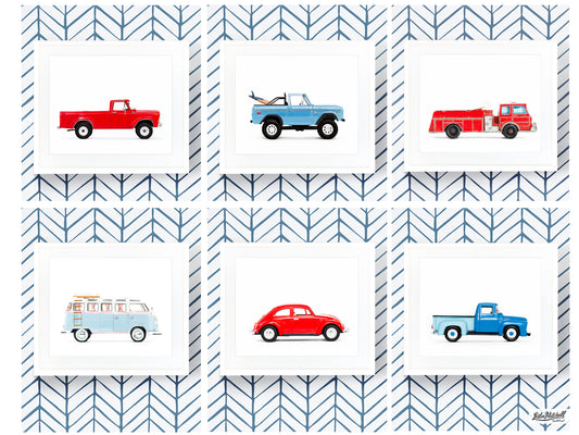 Set of Six - Blue and Red Classic Car Art Prints