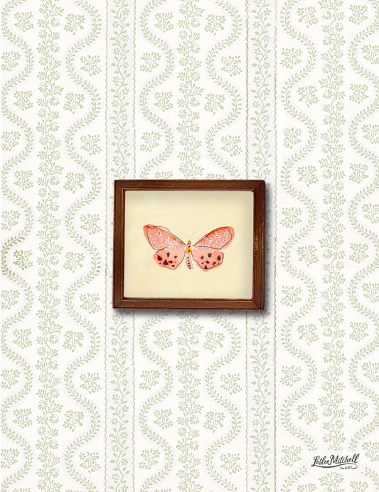 Coral Butterfly Giclèe Print on Yellow Miniature Wooden Antique Frame