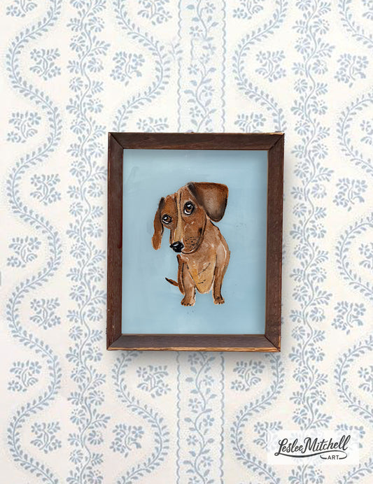 Antique Wooden Frame Beveled Glass Dachshund Giclée Art Print - Dog Painting