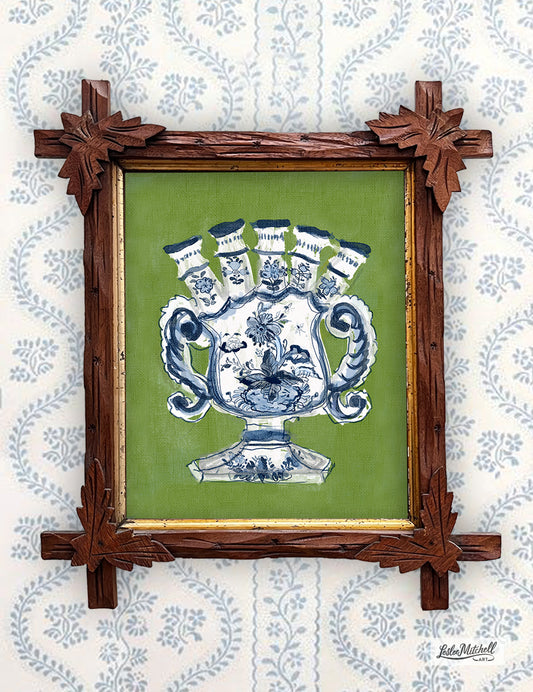 Delft Blue & White Tulip Vase Giclèe Print Antique Tramp Art Frame
