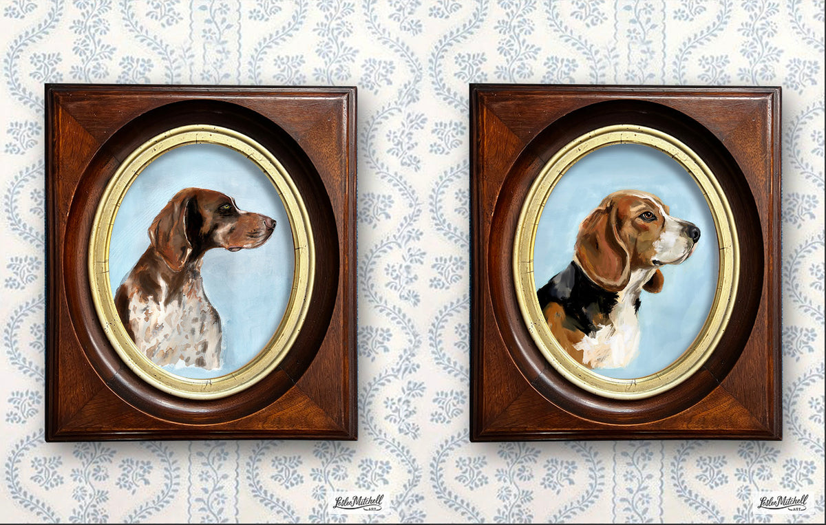 Beagle & German Shorthaired Pointer Giclèe Print in Antique Victorian Deep Walnut Frames Pair or Individual