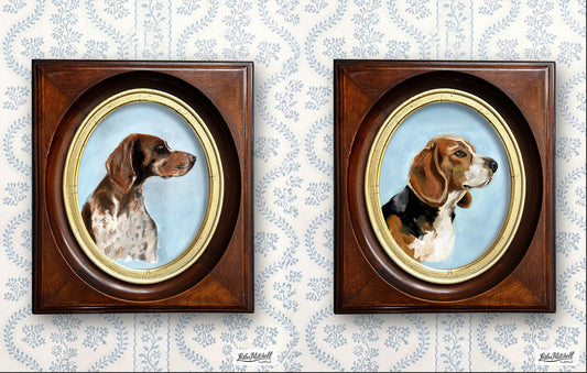Beagle & German Shorthaired Pointer Giclèe Print in Antique Victorian Deep Walnut Frames Pair or Individual