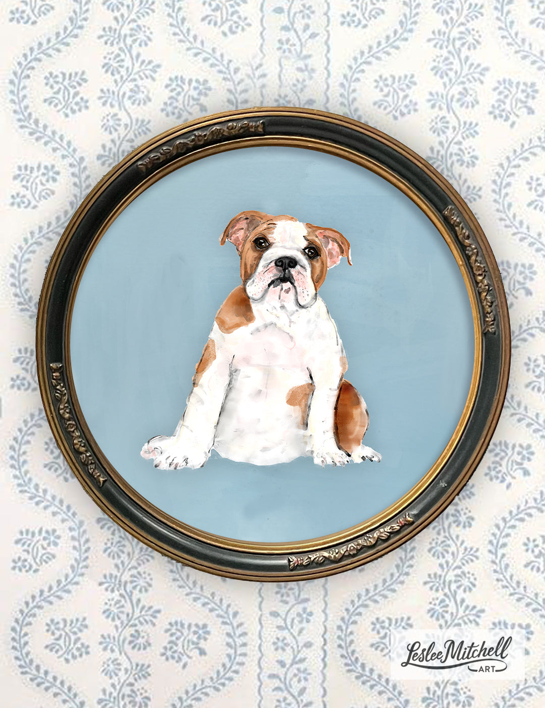 English Bulldog Giclée Print On Blue Antique Round Frame