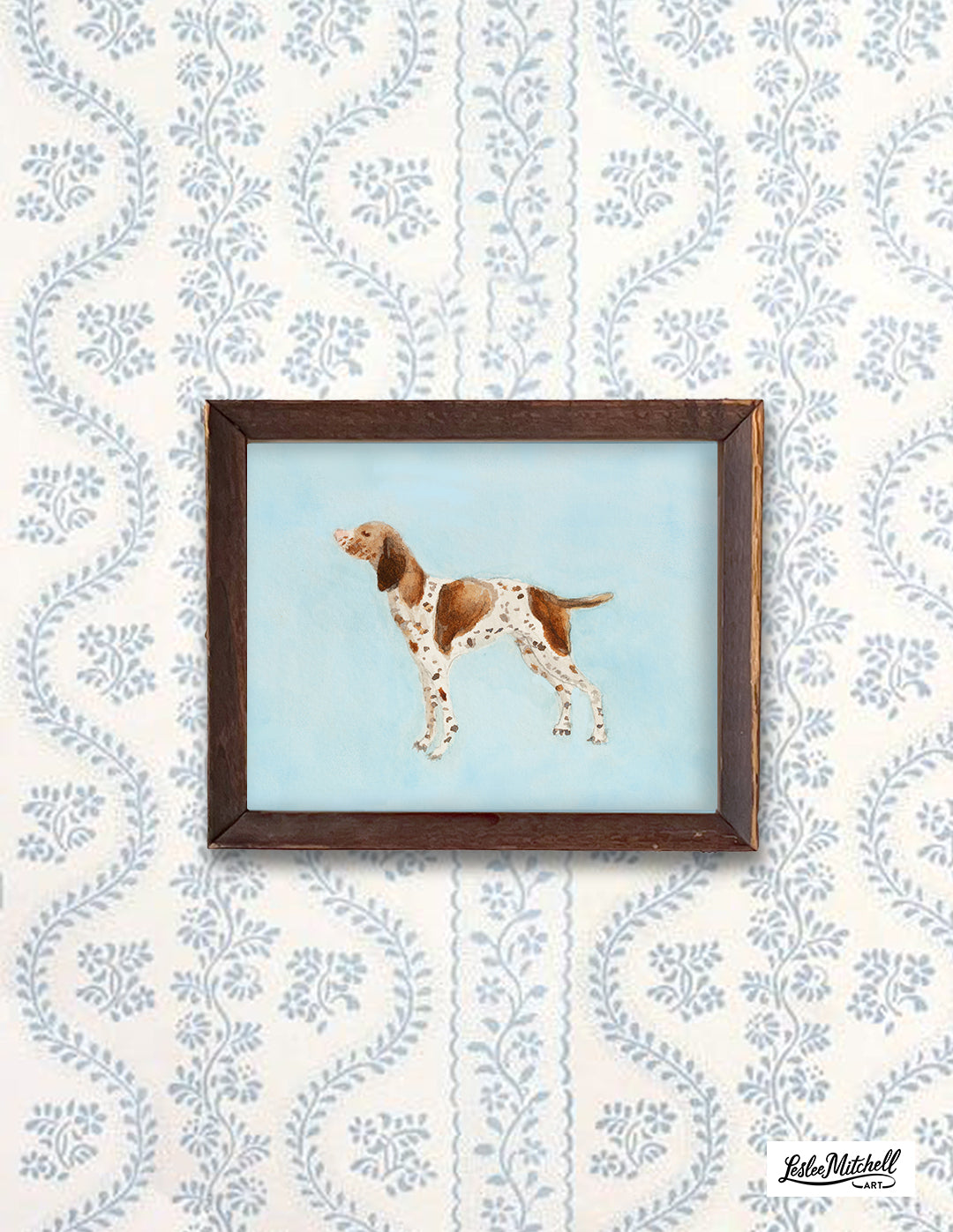 English Pointer Giclée Print in Miniature Antique Wooden Frame Beveled Glass