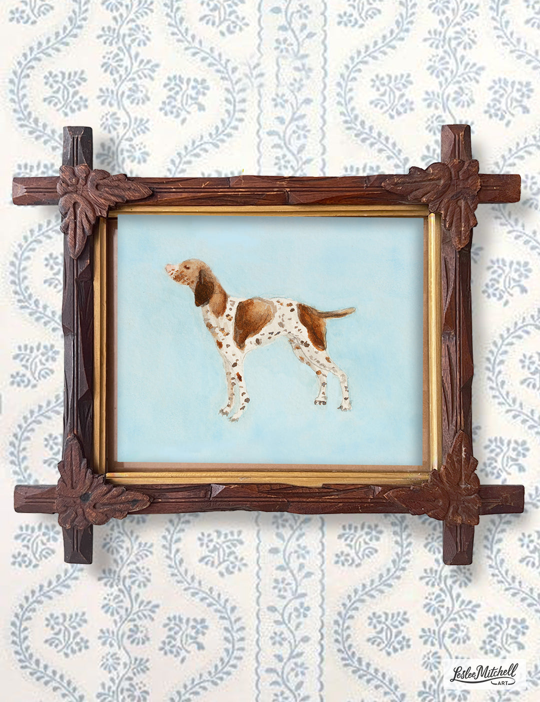 English Pointer Giclée Print in Antique Carved Wood Picture Frame Oak