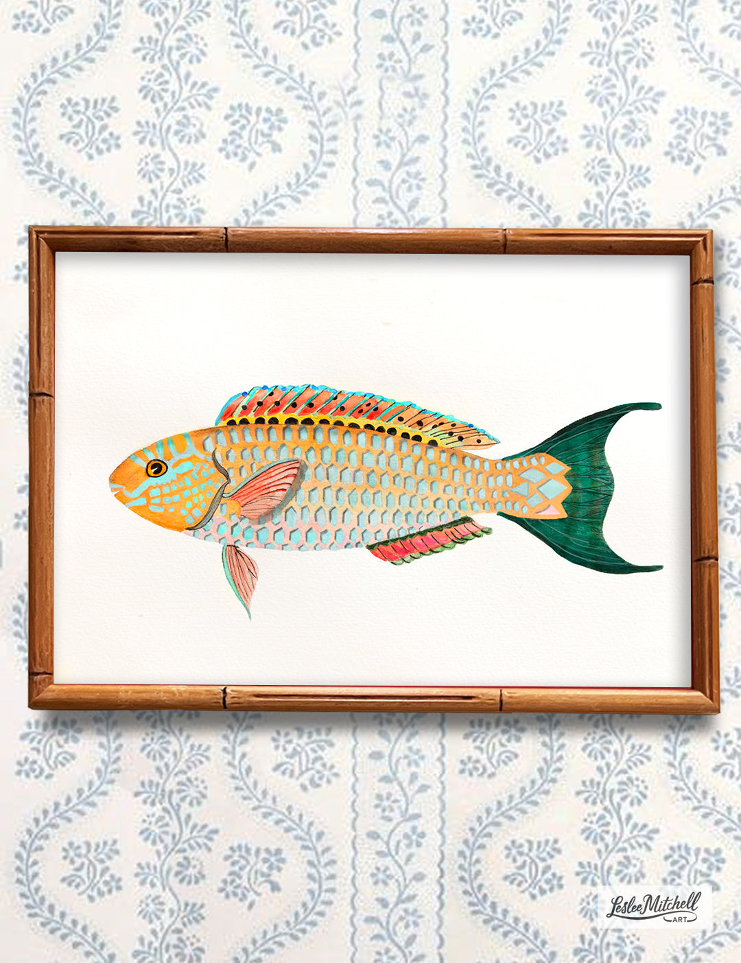 Exotic Fish Giclèe Print in Vintage Asian Bamboo Faux Frame