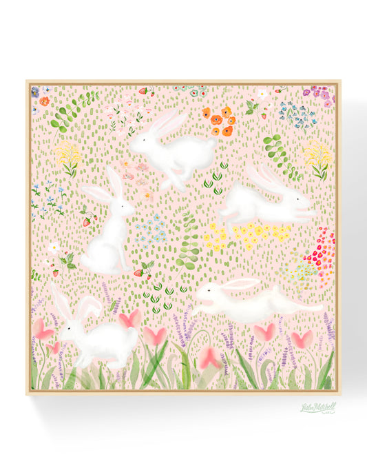 30" x 30" Giclée Print Floral Bunnies Pink