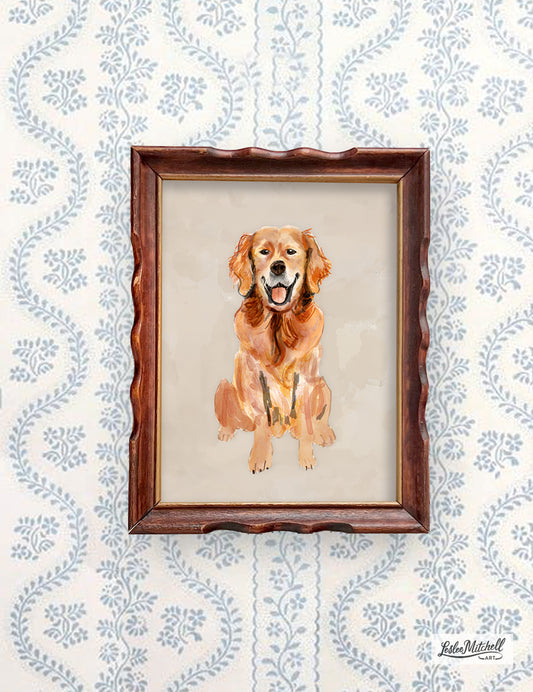 Golden Retriever Art Print - Antique Wooden Frame