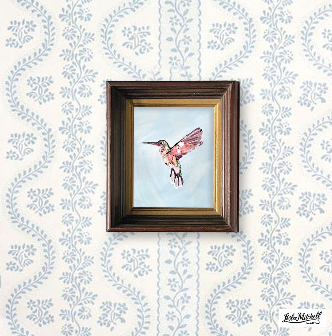 Hummingbird Giclèe Print in Rare Size Walnut Deep Antique Frame Gold Gilt