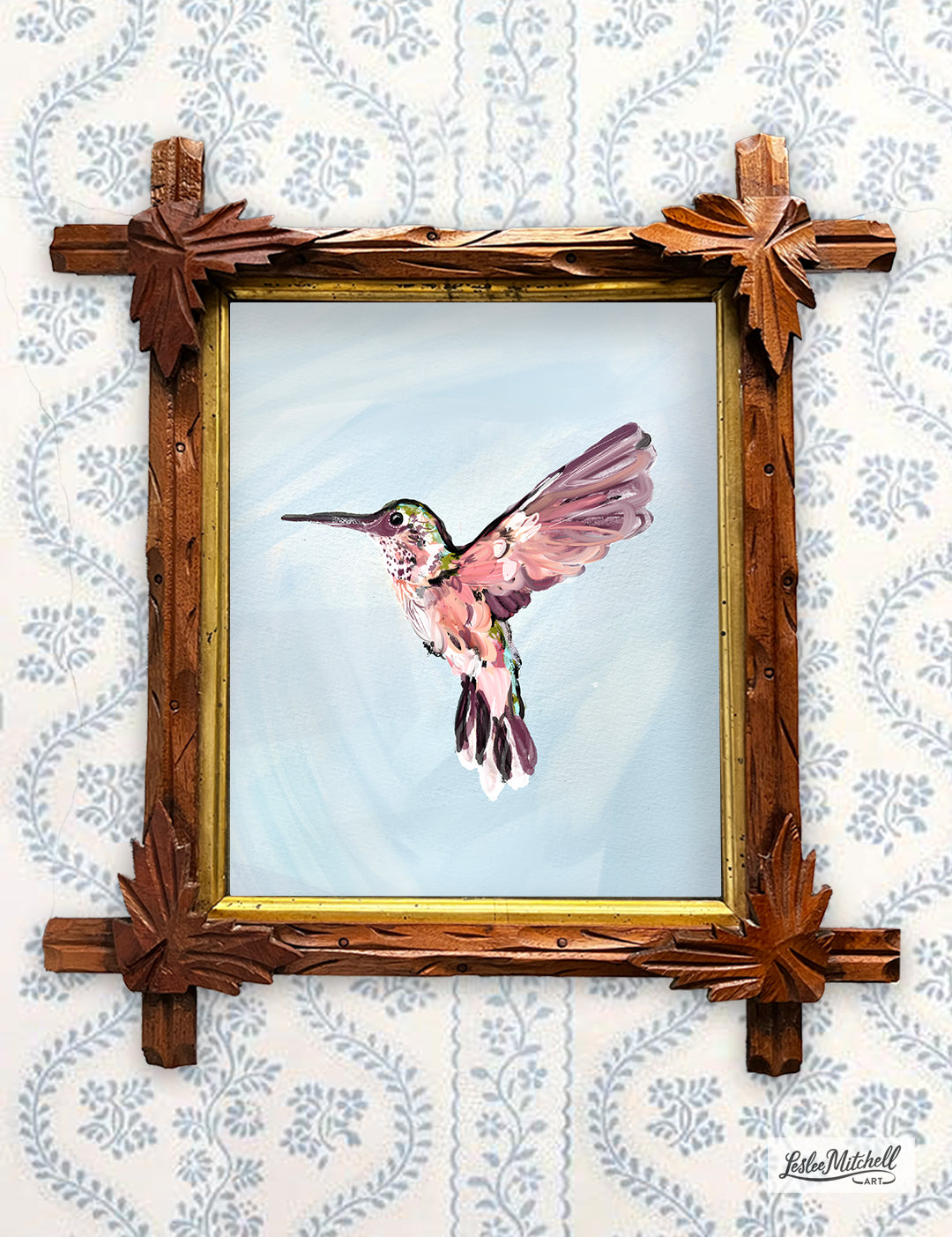 Hummingbird Giclèe Art Print in Antique Hand-Carved Black Forest Style Frame Original Wooden Back
