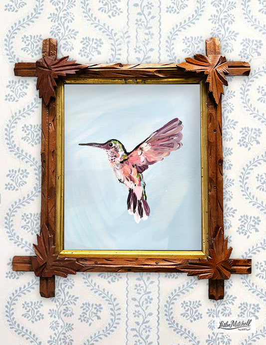 Hummingbird Giclèe Art Print in Antique Hand-Carved Black Forest Style Frame Original Wooden Back