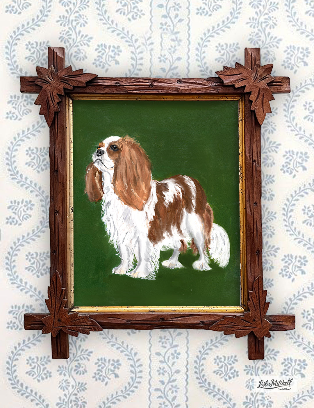 King Charles Cavalier Giclèe Print Antique Tramp Art Frame
